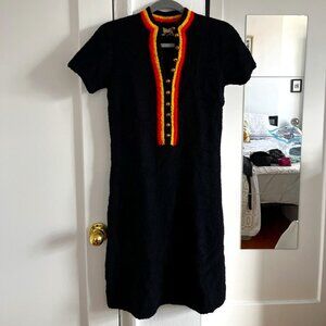 Vintage Black Mini Dress with Red / Yellow Accents and Gold Buttons
